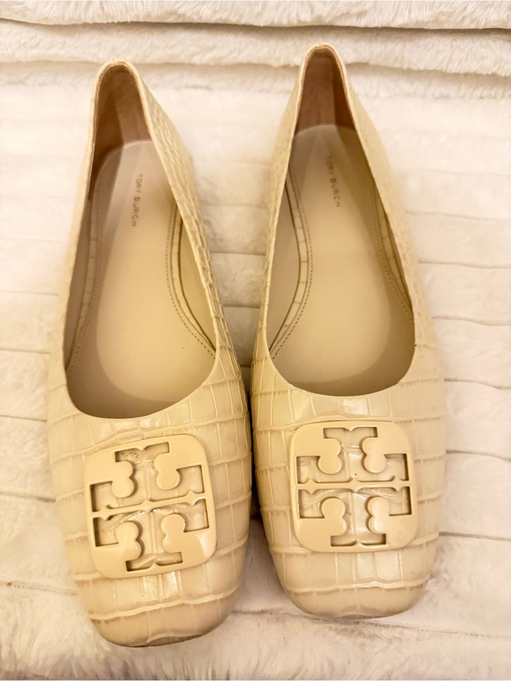 Tory Burch Cream Croc-Embossed Logo Square-Toe Flats